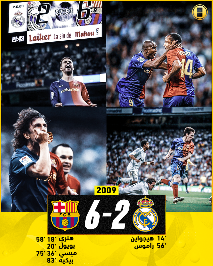 صاااارت ستة 😵  في مثل هذا اليوم منذ 14 عامًا؛ برشلونة ينتصر بسداسية على ريال مدريد في سانتياجو برنابيو 🔥